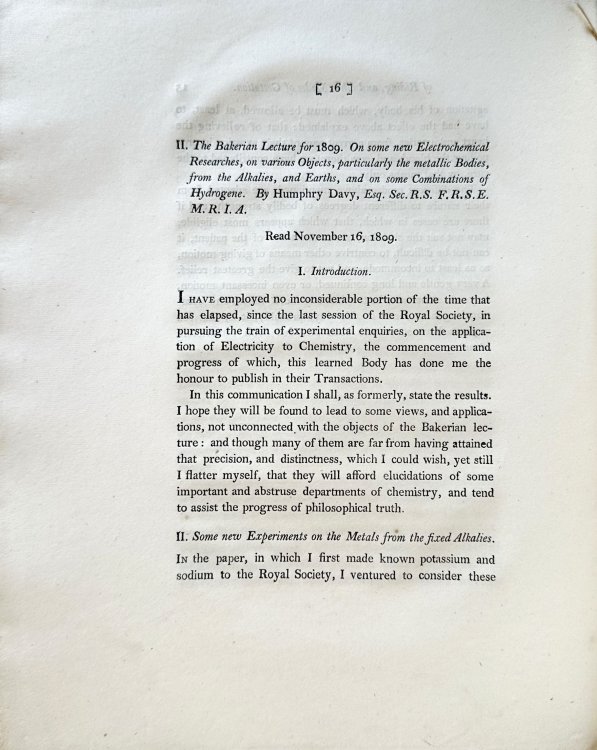 The Bakerian Lecture for 1809. On some new electrochemical researches, on various objects, particularly the metallic bodies, from the alkalies, and earths, and on some combinations of hydrogene. In: Philosophical Transactions of the Royal Society of London for the year MDCCCX, Part I.