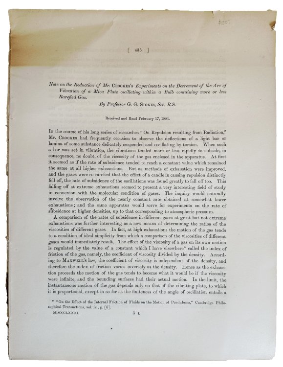 Note on the reduction of Mr. Crooke's experiments on the decrement of the arc of vibration of a mica plate oscillating within a bulb containing more or less rarefied gas. Extract from: Philosophical Transactions of the Royal Society of London, Volume 172, Part II.