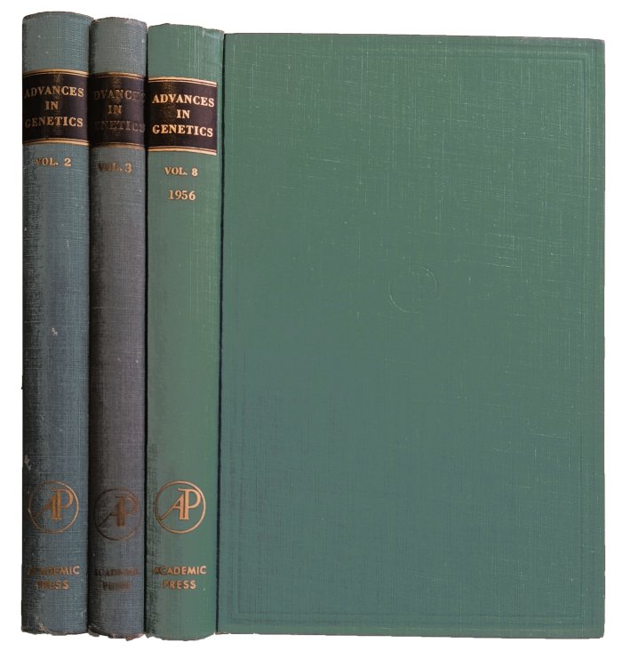 3 volumes of Advances in Genetics (vols. 2, 3, & 8).