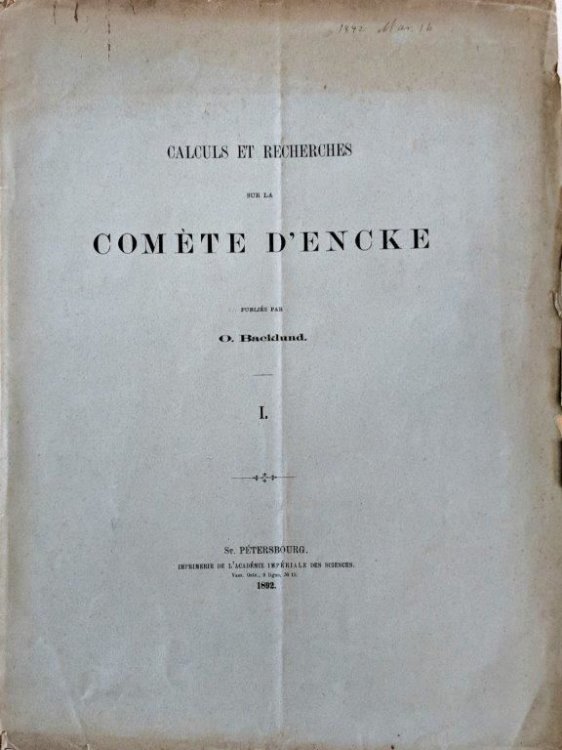 Calculs et Recherches sur la Comete d'Encke publiees. I. Tables pour le calcul de l'anomalie excentrique et du logarithme du Rayon Vecteur.