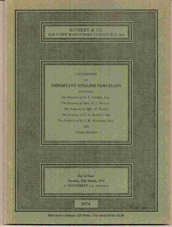 Tuesday, 12th March, 1974; Catalogue of IMPORTANT ENGLISH PORCELAIN