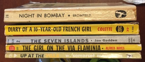 An AFB 5-book fiction multi-pack: Night in Bombay, Diary of a 16 Year Old French Girl, The Seven Islands, The Girl on the Via Flaminia, Up At the Villa