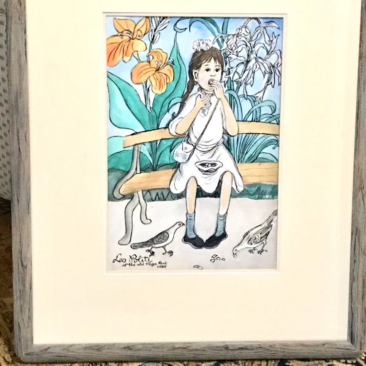 Original painting of a young girl snacking with pigeons, Old Plaza Park, Los Angeles