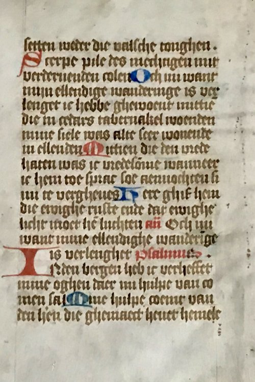 Hand Illuminated leaf from Dutch prayer book [Gebedenboek], 15th century. Approx 4x5-1/2 mounted and matted in a very sturdy, early 20th century wood frame. The framers typed label on the back states Netherlandish, 15th century, but with the date in roman numerals 1538.