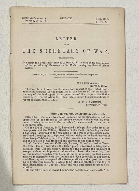 Letter from the Secretary of War, transmitting, in answer to a Senate resolution of March 2, 1877, a copy of the final report of the operations of the troops in the Modoc country, by General Alvan Gillem (1877)