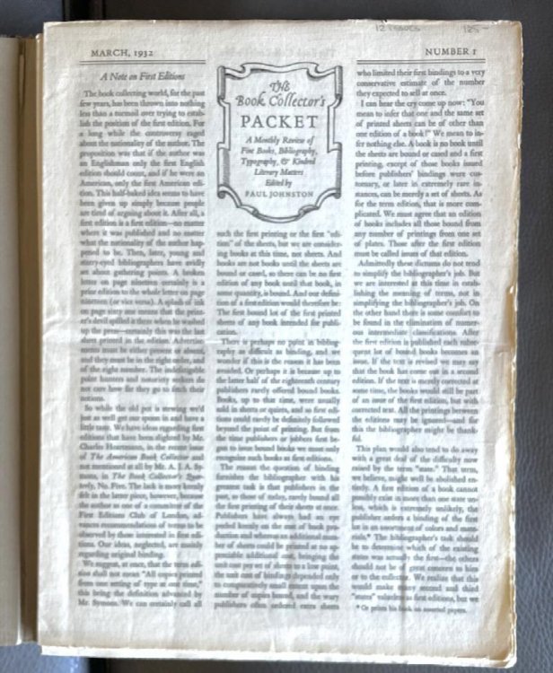 The BOOK COLLECTOR'S PACKET. A Monthly Review of Fine Books, Bibliography, Typography, & Kindred Literary Matters. March 1932 - March 1933. No. 1 - 12