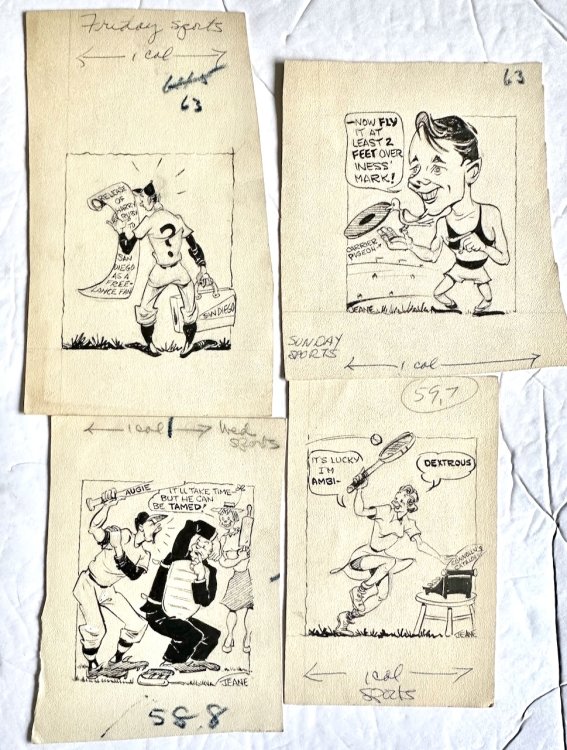 4 original pen/ink cartoons by one of the first women to work as a sports reporter in the United States.
