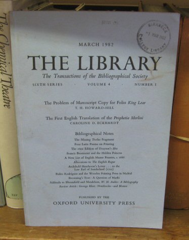 The Library: Transactions of the Bibliographical Society, Sixth Series, Volume 4, Number 1, March 1982