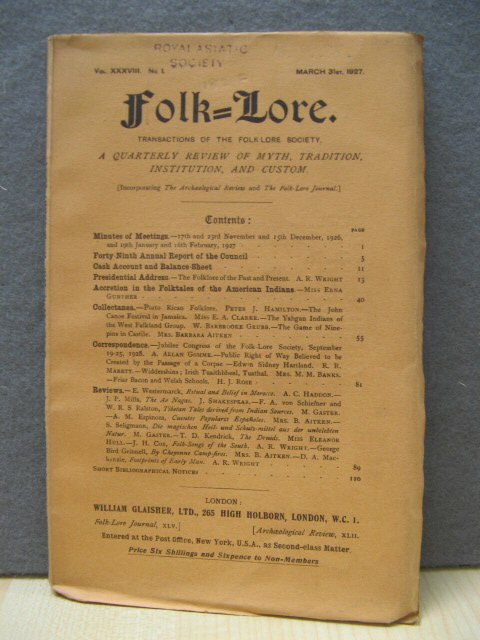 Folk-Lore: Transactions of the Folk-Lore Society: Vol. XXXVIII, No. 1, March 31st, 1927