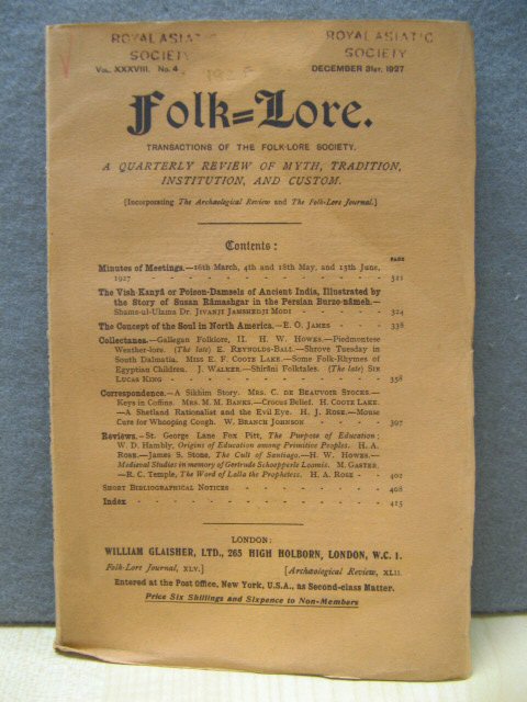 Folk-Lore: Transactions of the Folk-Lore Society: Vol. XXXVIII, No. 4, December 30th, 1927