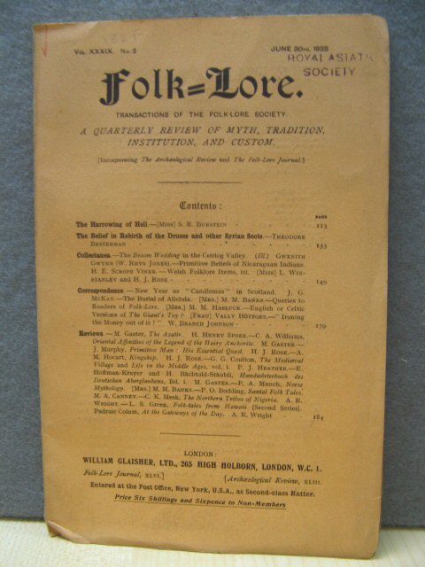 Folk-Lore: Transactions of the Folk-Lore Society: Vol. XXXIX, No. 2, June 30th, 1928
