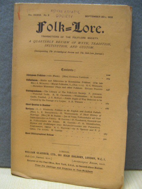 Folk-Lore: Transactions of the Folk-Lore Society: Vol. XXXIX, No. 3, September 30th, 1928