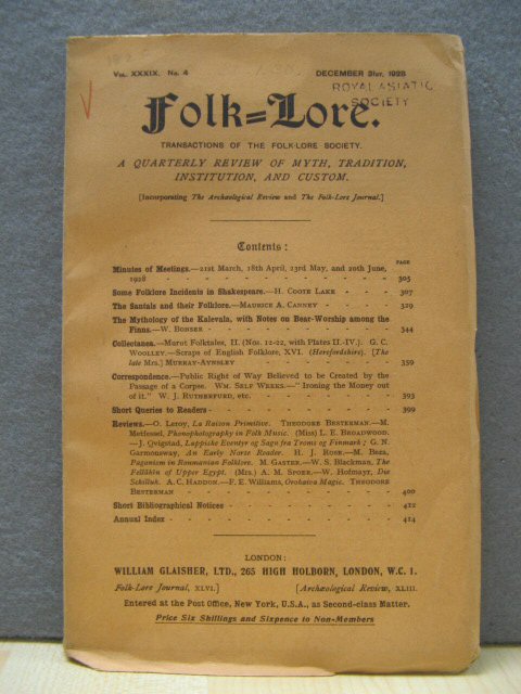 Folk-Lore: Transactions of the Folk-Lore Society: Vol. XXXIX, No. 4, December 31st, 1928