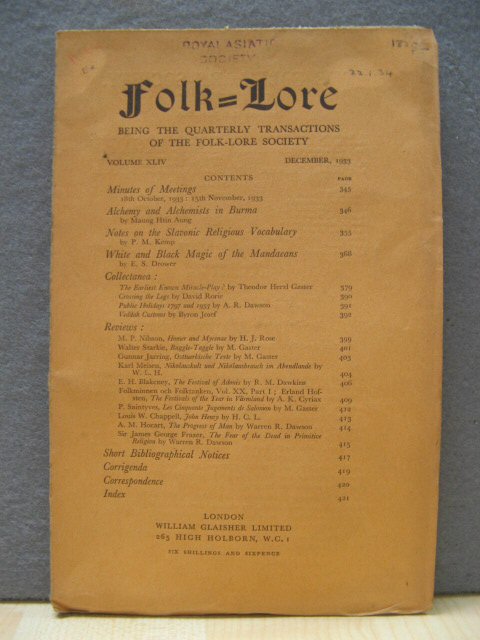 Folk-Lore: Transactions of the Folk-Lore Society: Vol. XLIV, No. IV, December, 1933