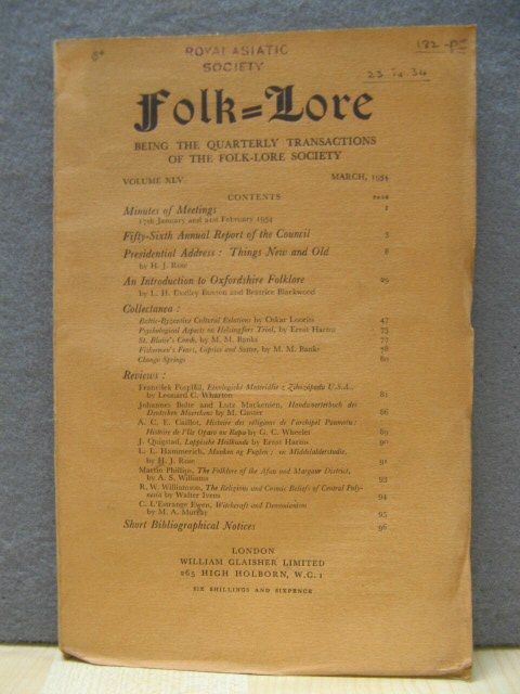 Folk-Lore: Transactions of the Folk-Lore Society: Vol. XLV, No. I, March, 1934