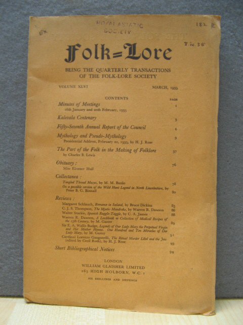 Folk-Lore: Transactions of the Folk-Lore Society: Vol. XLVI, No. I, March, 1935