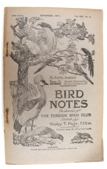 Bird Notes: The Journal of the Foreign Bird Club, Vol. VIII, No. 9