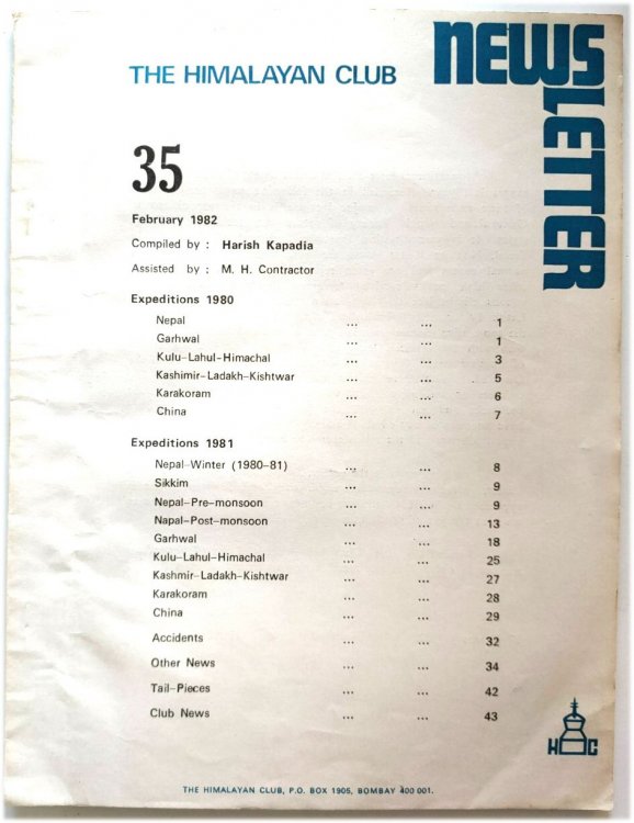The Himalayan Club Newsletter, No. 35, February 1982