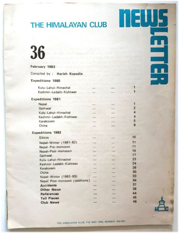 The Himalayan Club Newsletter, No. 36, February 1983