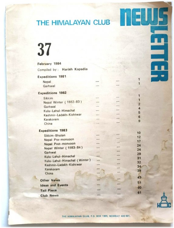 The Himalayan Club Newsletter, No. 37, February 1984