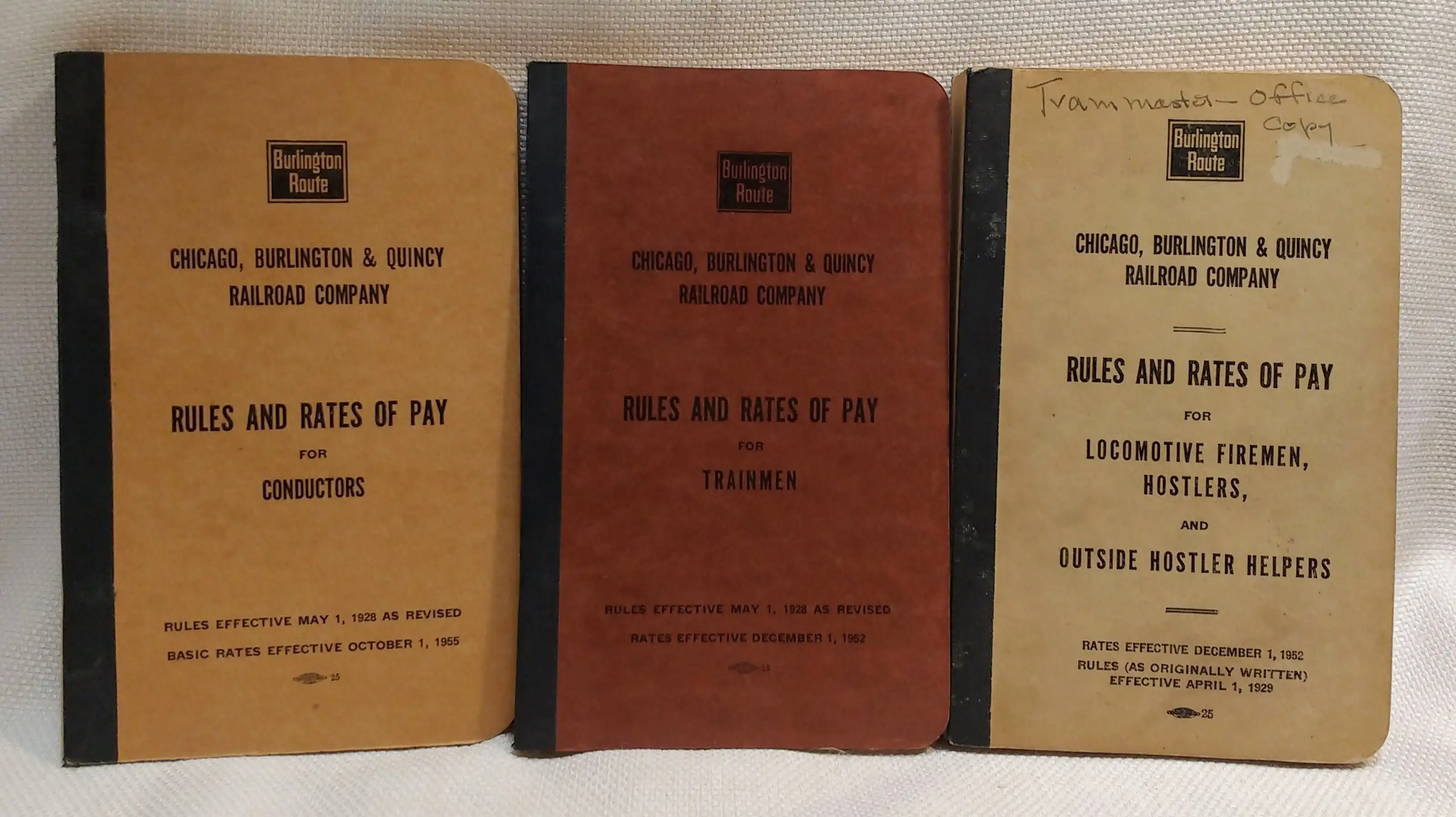Lot of 3 Handbooks: Rules and Rates of Pay for Conductors; for Trainmen; and for Locomotive Firemen, Hostlers, and Outside Hostler Helpers (Chicago, Burlington, & Quincy Railroad Company)