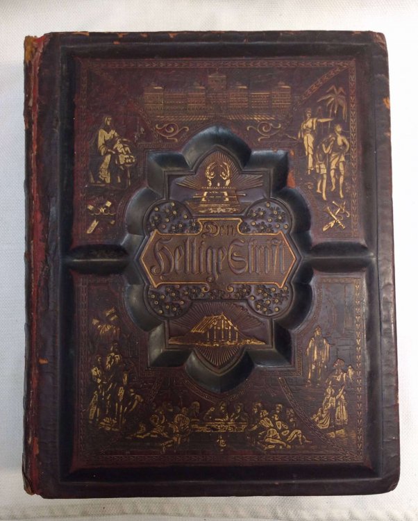 Den Hellige Skrift indeholden det Gamle og det Nye Testamentes kanoniste boger tilligemed det gamle testamentes apokryfiske boger [DANISH illustrated family Bible in tooled, gilt decorated leather]