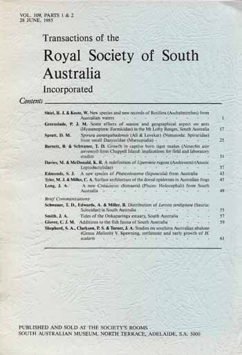 Transactions of the Royal Society of South Australia Vol 109, Parts1& 2 1985