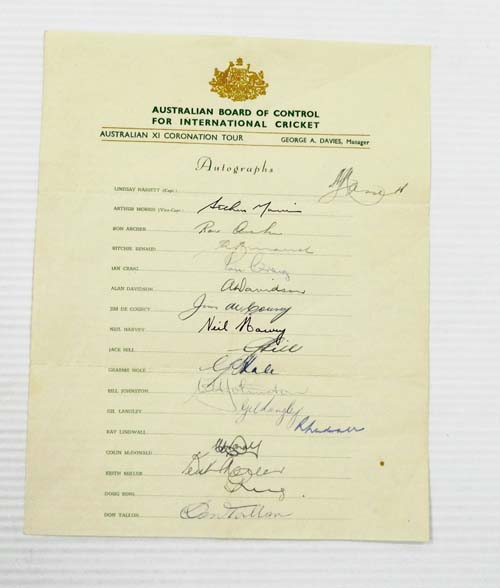 An Official Australian Board of Control for International Cricket Autograph Sheet for the Australian XI Coronation Tour [1953]