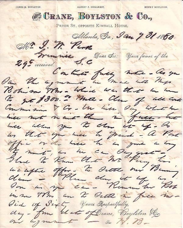 Letter from Crane, Boyleston, & Co. , Atlanta, Georgia