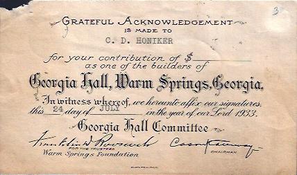 Georgia Hall, Warm Springs, Georgia, Receipt