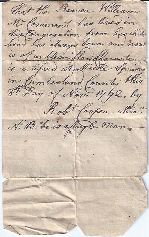 Autograph of Rev. Robert Cooper on Note of Recommendation for Wm McCammont
