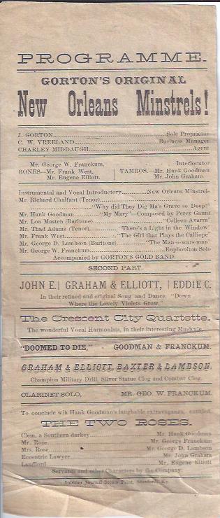 Broadside - Programme: Gorton's Original New Orleans Minstrels!