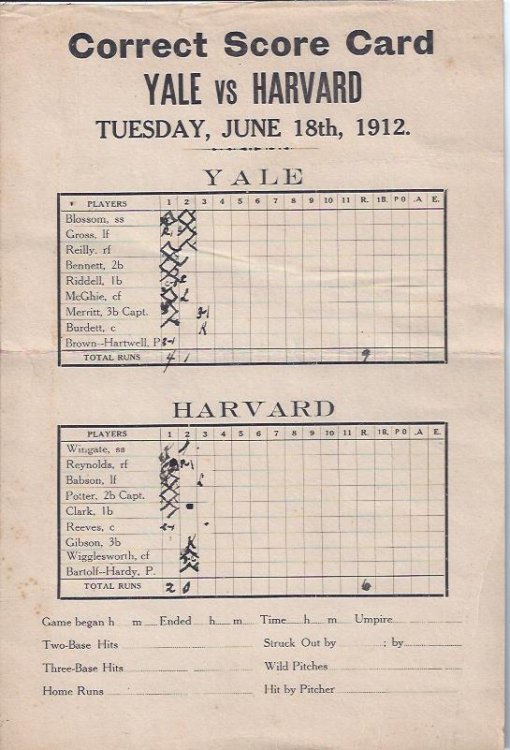 Baseball Scorecard, Yale vs. Harvard, 1912