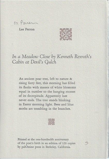 In a Meadow Close by Kenneth Rexroth's Cabin at Devil's Gulch -- Broadside