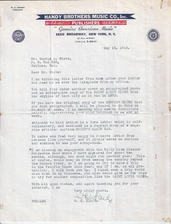 W. C. Handy Letter, Signed -- to a fan, 1943