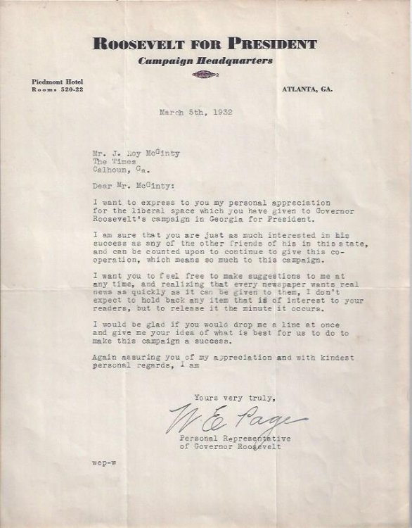 Two letters concerning Roosevelt Presidential Campaign in Georgia, 1932, 1936