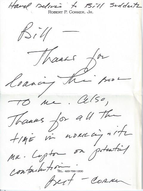 Autographed Note Signed by Tennessee Senator Corker