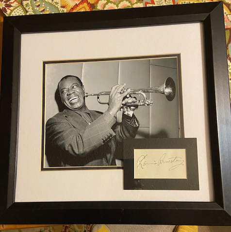 Framed Photo of Louis Armstrong Holding Trumpet Matted with Clipped Signature TH