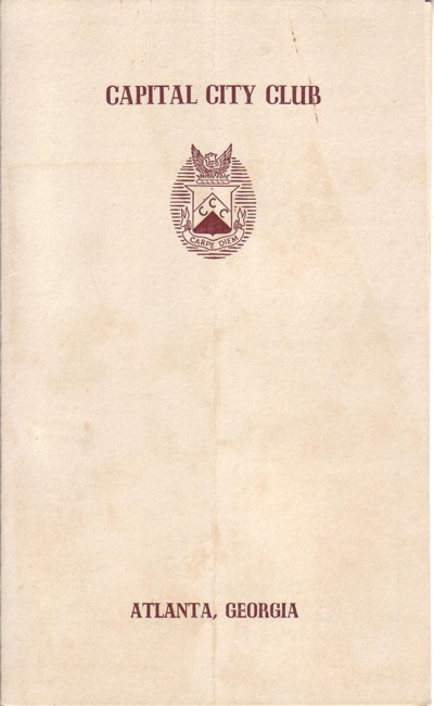 Capital City Club, Atlanta Georgia :Menu, March 10, 1953