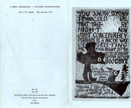 Letter to David Meltzer of City Lights Books, Typed on Kenneth Patchen Card with Poem and Drawing by Patchen