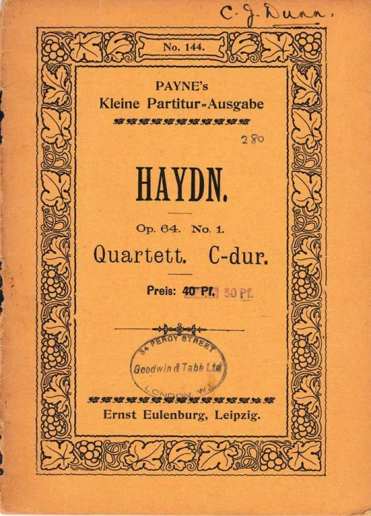 Quartet No. 63 C-dur fur 2 Violinen, Viola und Violoncell op 64 no. 1 [Payne's Kleine Partitur-Ausgabe No. 144]