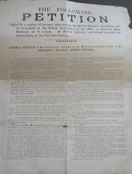 Humble Petition of British Subjects, resident on the Witwatersrand Gold Fields, to Her Britannic Majesty, Queen Victoria