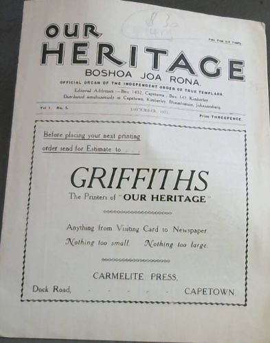 Our Heritage , Boshoa Joa Rona. Vol. 1 No. 5. December 1931