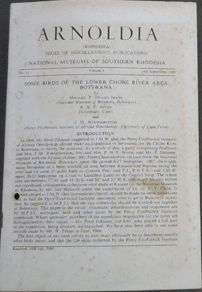 Arnoldia: No. 21, Volume 4, 1969, Some Birds of the Lower Chobe River Area, Botswana