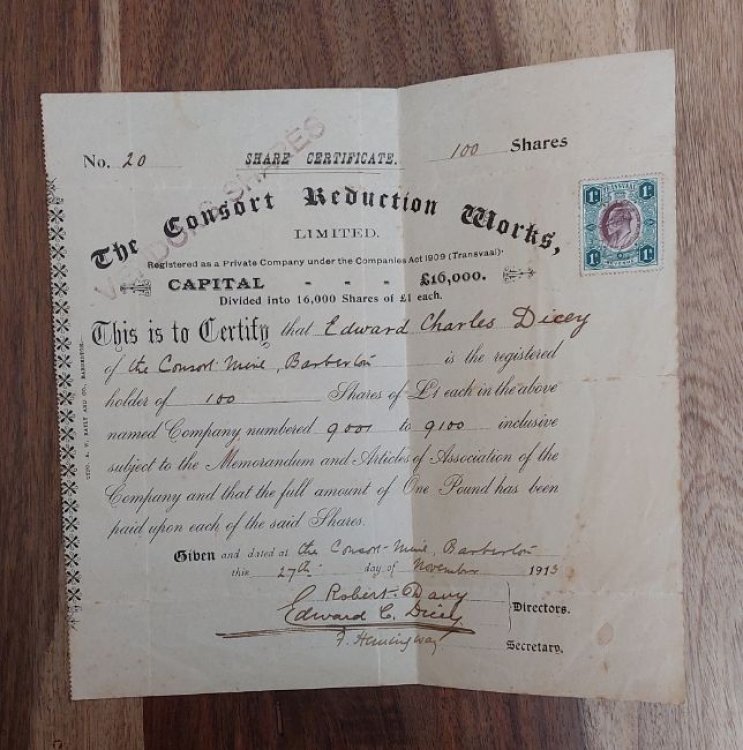 Share Certificate of Edward Charles Dicey signed by Robert Davy