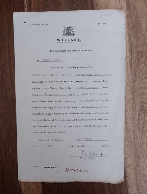 Warrant appointing Thomas Cook to be a Warrant Officer - signed by Jan Smuts