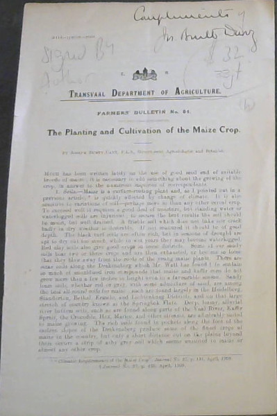 The Planting and Cultivation of the Maize Crop (Farmers' Bulletin 84)