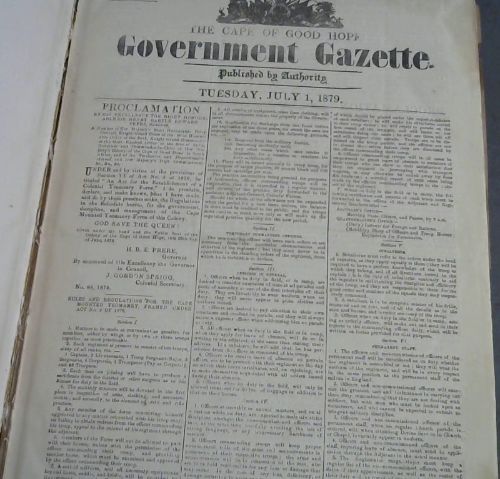 The Cape of Good Hope Government Gazette: Tuesday, July 1, 1879, No 5927 - Tuesday, December 30, 1879, No. 5980
