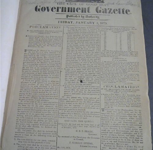 The Cape of Good Hope Government Gazette: Friday, January 3, 1879 No 5871 - Friday, June 27, 1879, No 5926