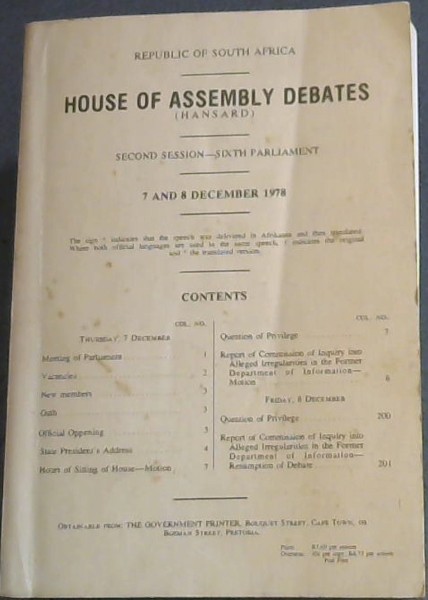House of Assembly Debates (HANSARD) Second Session - Sixth Parliament. 7 & 8 December 1978